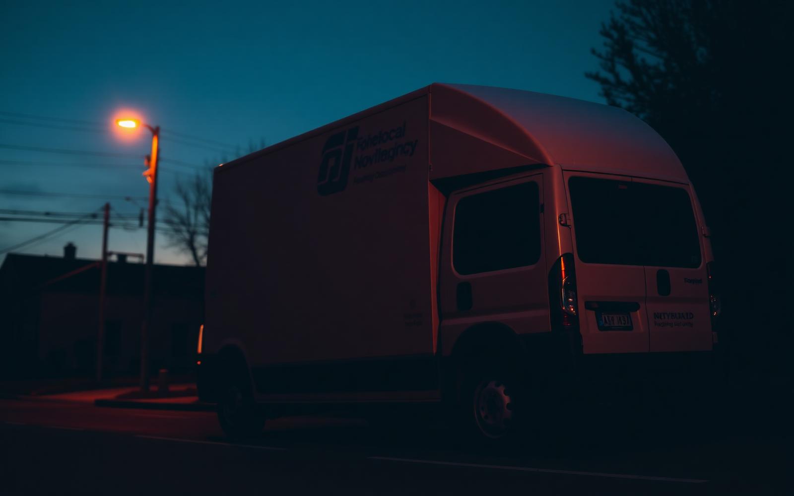 Ciemna ulica w Elblągu — samochód dostawczy gotowy do transportu i przeprowadzki